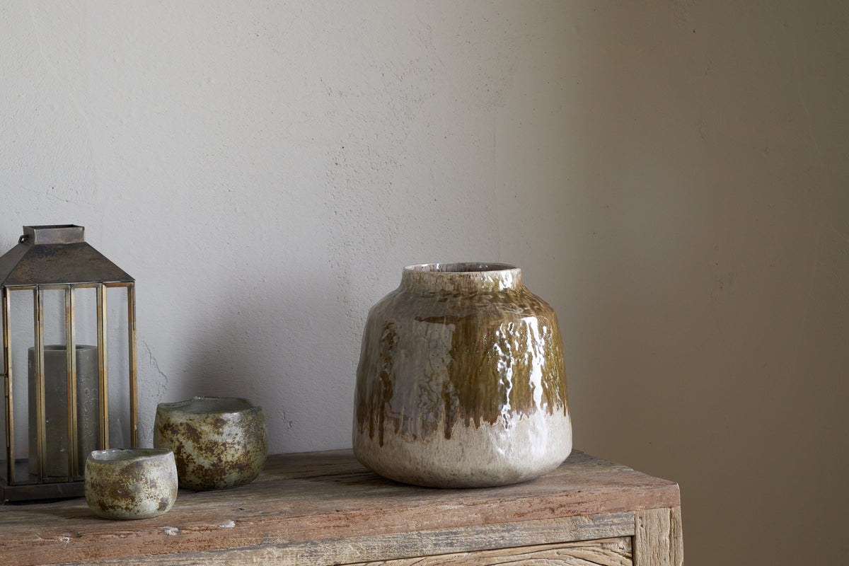 Vase Melina à glaçure réactive - Olive et naturel