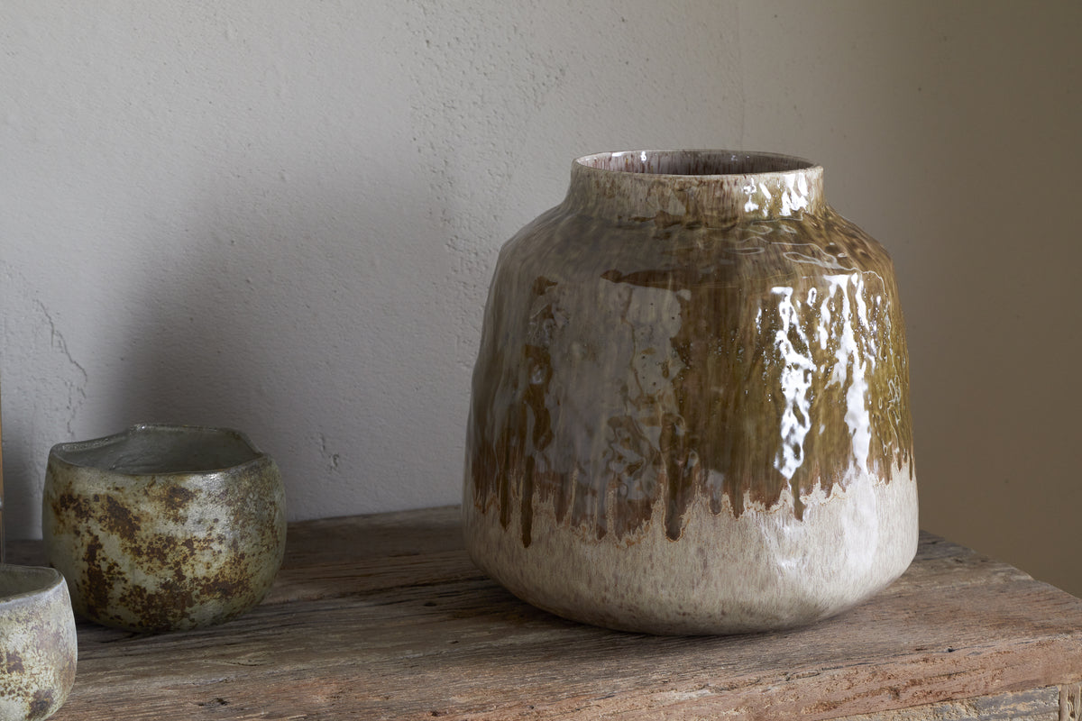 Vase Melina à glaçure réactive - Olive et naturel