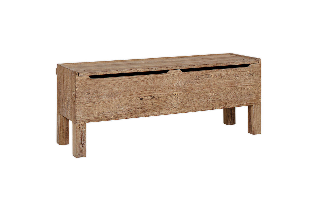 Banc de rangement Teni en bois recyclé avec coussin en lin rembourré - Naturel