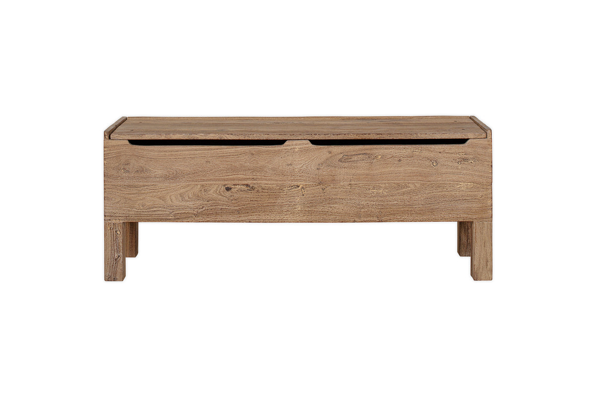 Banc de rangement Teni en bois recyclé avec coussin en lin rembourré - Naturel