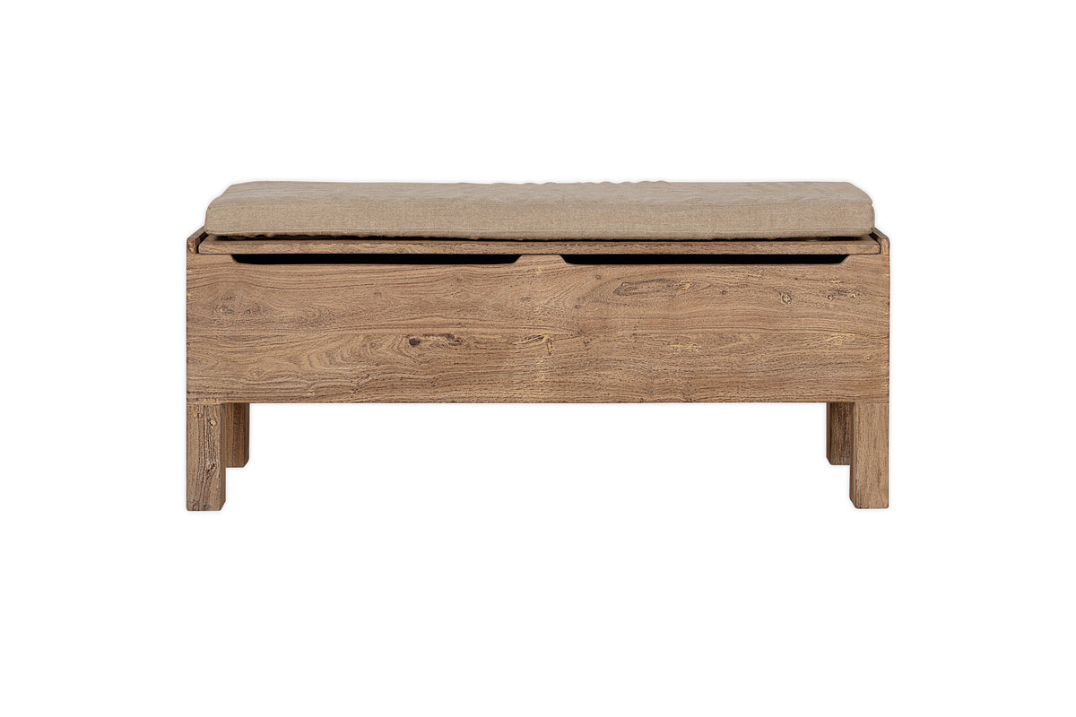 Banc de rangement Teni en bois recyclé avec coussin en lin rembourré - Naturel