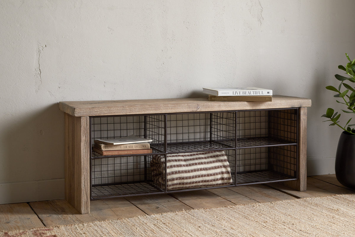 Banc de rangement Abha en bois recyclé et fer - Naturel