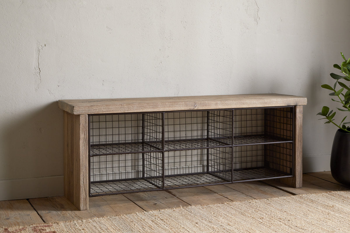 Banc de rangement Abha en bois recyclé et fer - Naturel