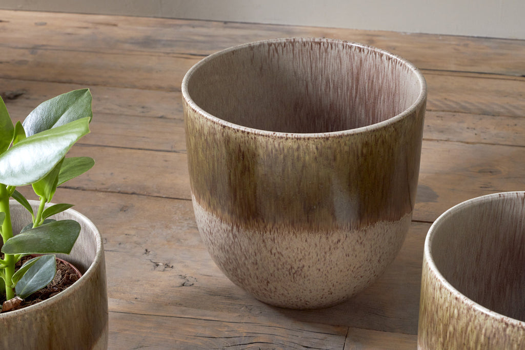 Pot de fleurs Almeida en émail réactif - Olive et naturel
