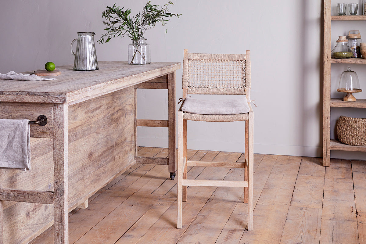 Chaise de comptoir en bois de manguier et corde Aamani - Naturel