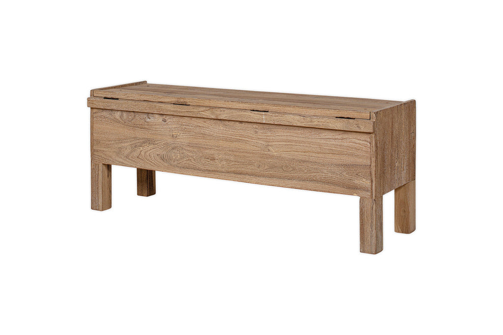 Banc de rangement Teni en bois recyclé avec coussin en lin rembourré - Naturel