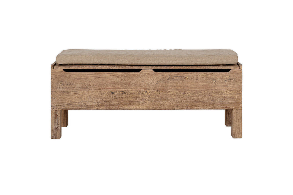Banc de rangement Teni en bois recyclé avec coussin en lin rembourré - Naturel