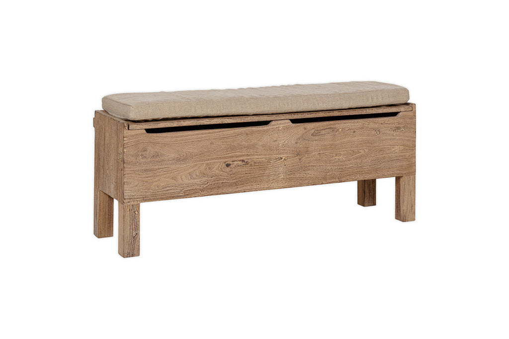 Banc de rangement Teni en bois recyclé avec coussin en lin rembourré - Naturel